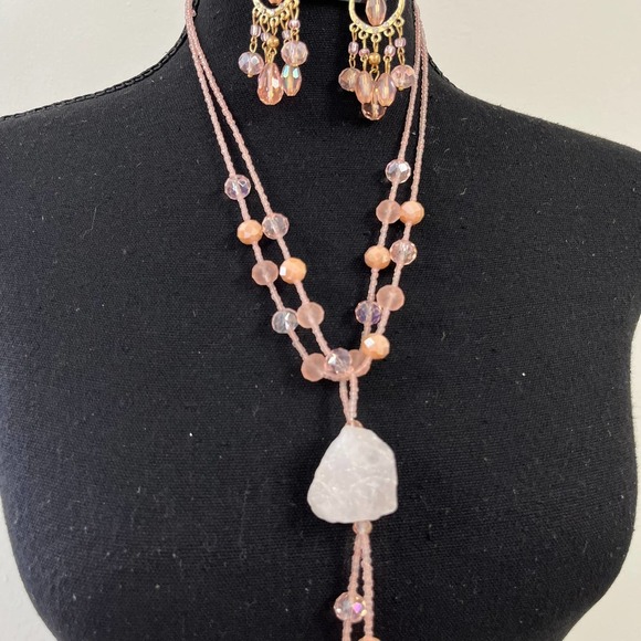 No Label Pink Beaded Stone Necklace & Earring Set - Picture 3 of 5